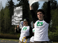 Jonathan and Vanessa demonstration at Weyerhaeuser headquarters, 2004. Vanessa ran a 4 year campaign resulting in her school committing to using 100% recycled paper.