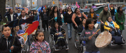 Residents from Grassy Narrows First Nation in northern Ontario  lead about 250 protestors in a downtown march to Queen's Park to call on  the Ontario government to acknowledge the long-term health effects of  mercury contamination in their waterways. (April 7, 2010)     Photo by  Brendan Kennedy  April 7, 2010